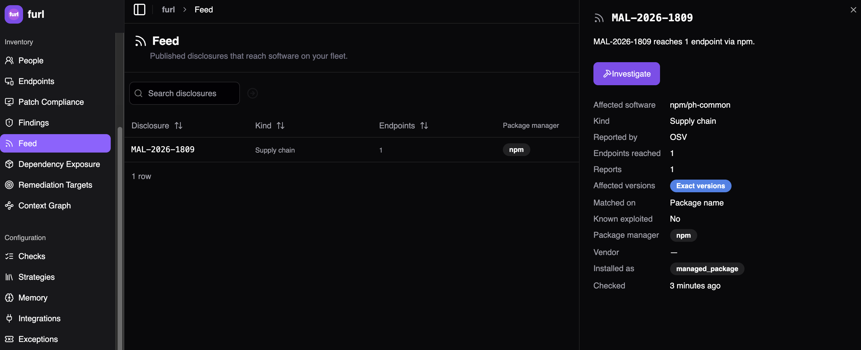A disclosure’s details pane beside the feed, with its reach headline, an Investigate button, and fields including Affected versions and Matched on