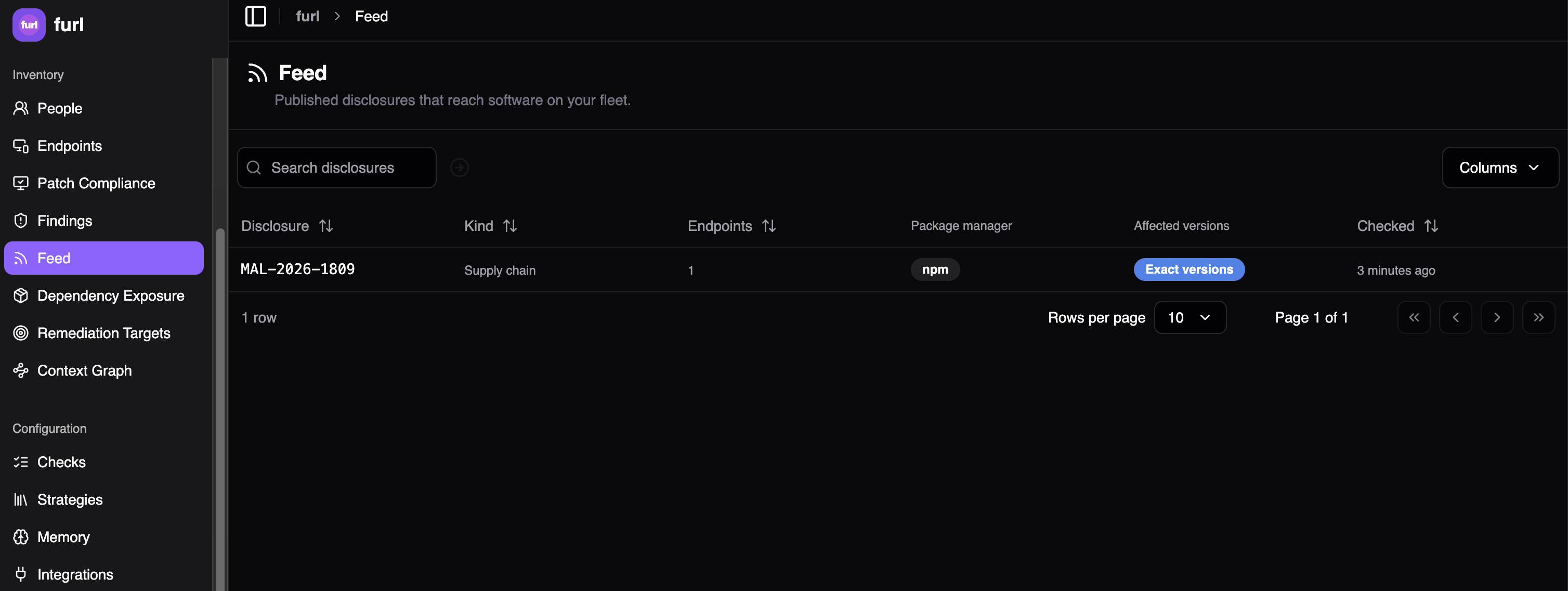 The Feed page listing disclosures with Disclosure, Kind, Endpoints, Package manager, Affected versions and Checked columns