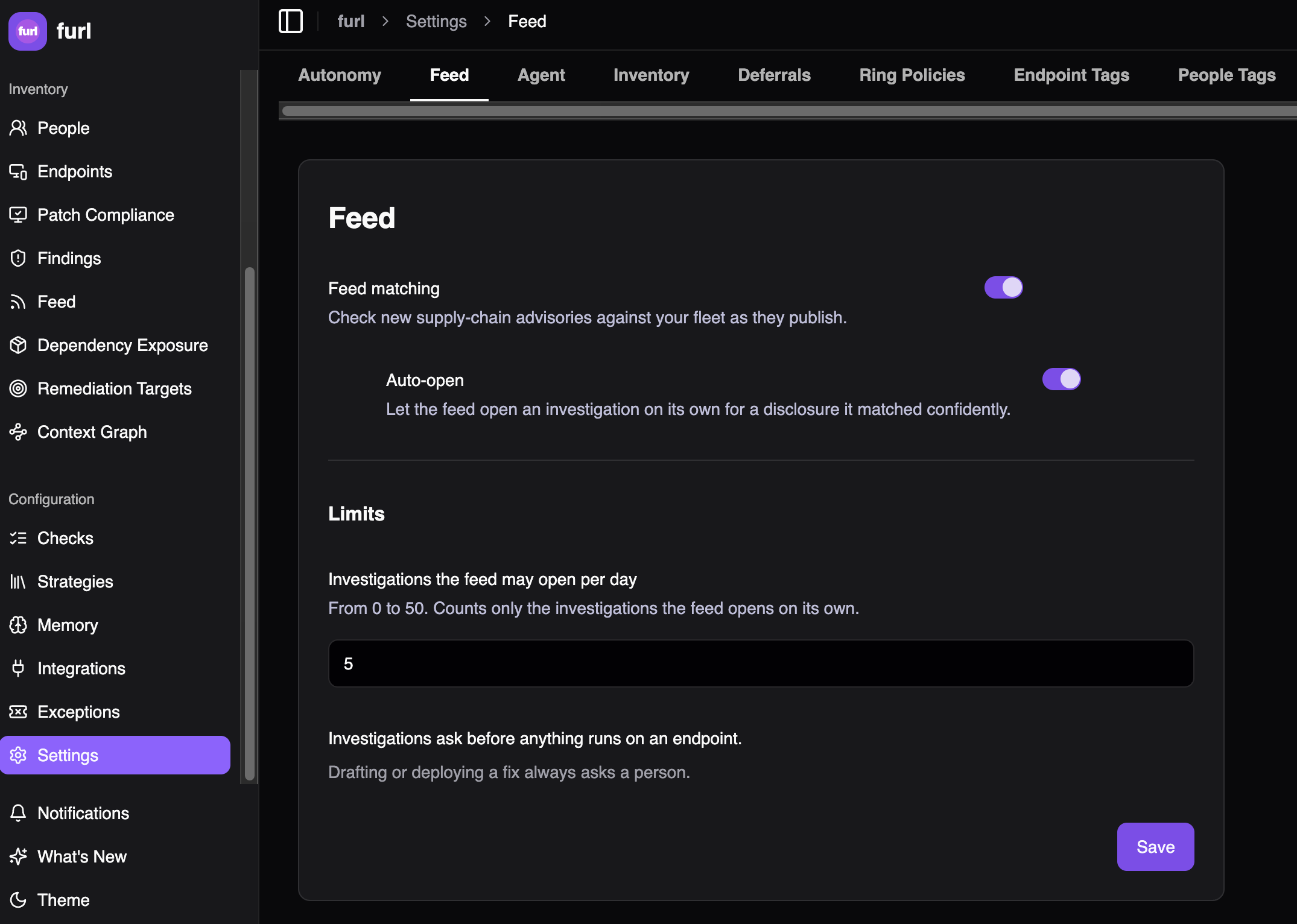 Settings → Feed with Feed matching and Auto-open turned on, and a Limits section setting 5 investigations per day