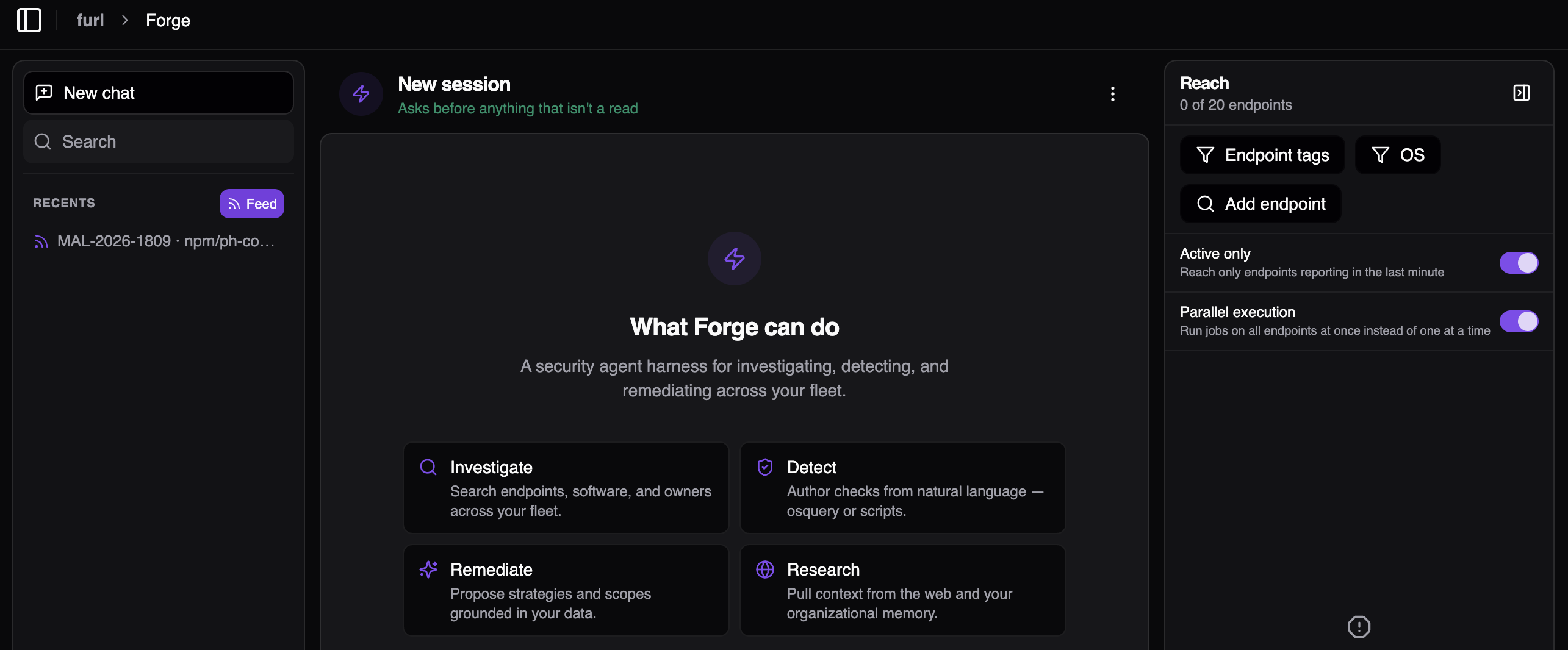 Forge’s session list filtered to feed investigations, each marked with the feed icon
